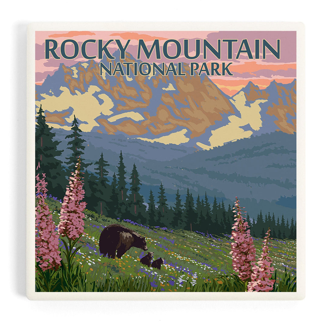 Rocky Mountain National Park, Colorado, Bear and Cubs with Flowers, Coasters Coasters Lantern Press 