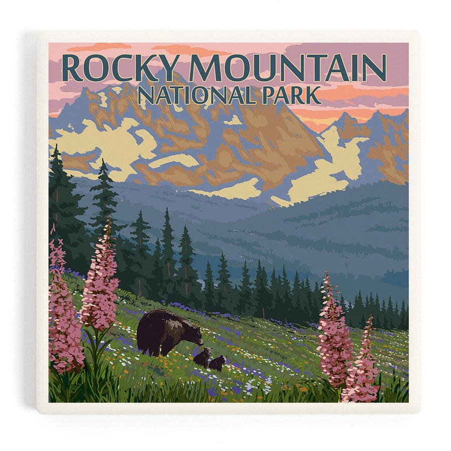 Rocky Mountain National Park, Colorado, Bear and Cubs with Flowers, Coasters Coasters Lantern Press 