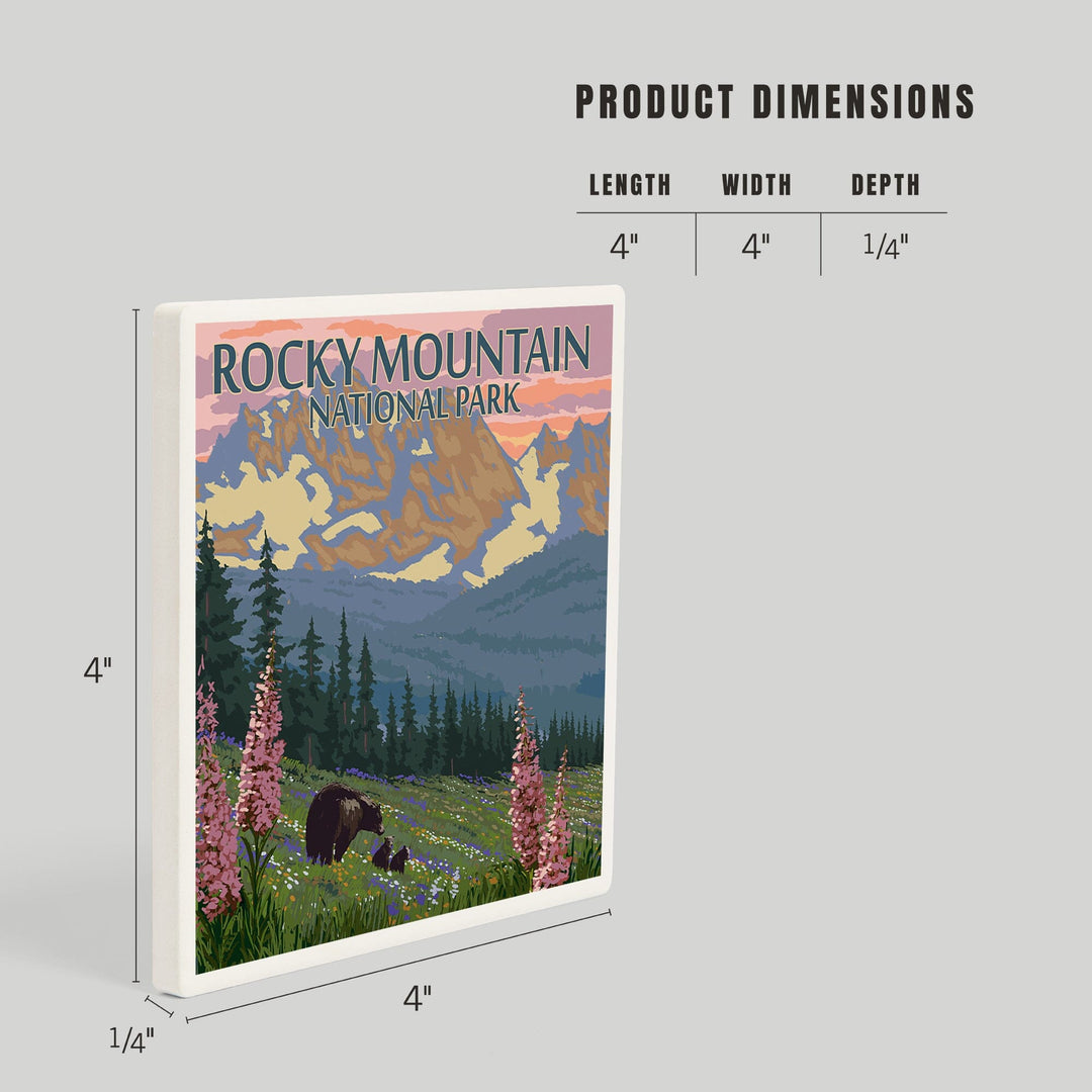 Rocky Mountain National Park, Colorado, Bear and Cubs with Flowers, Coasters Coasters Lantern Press 