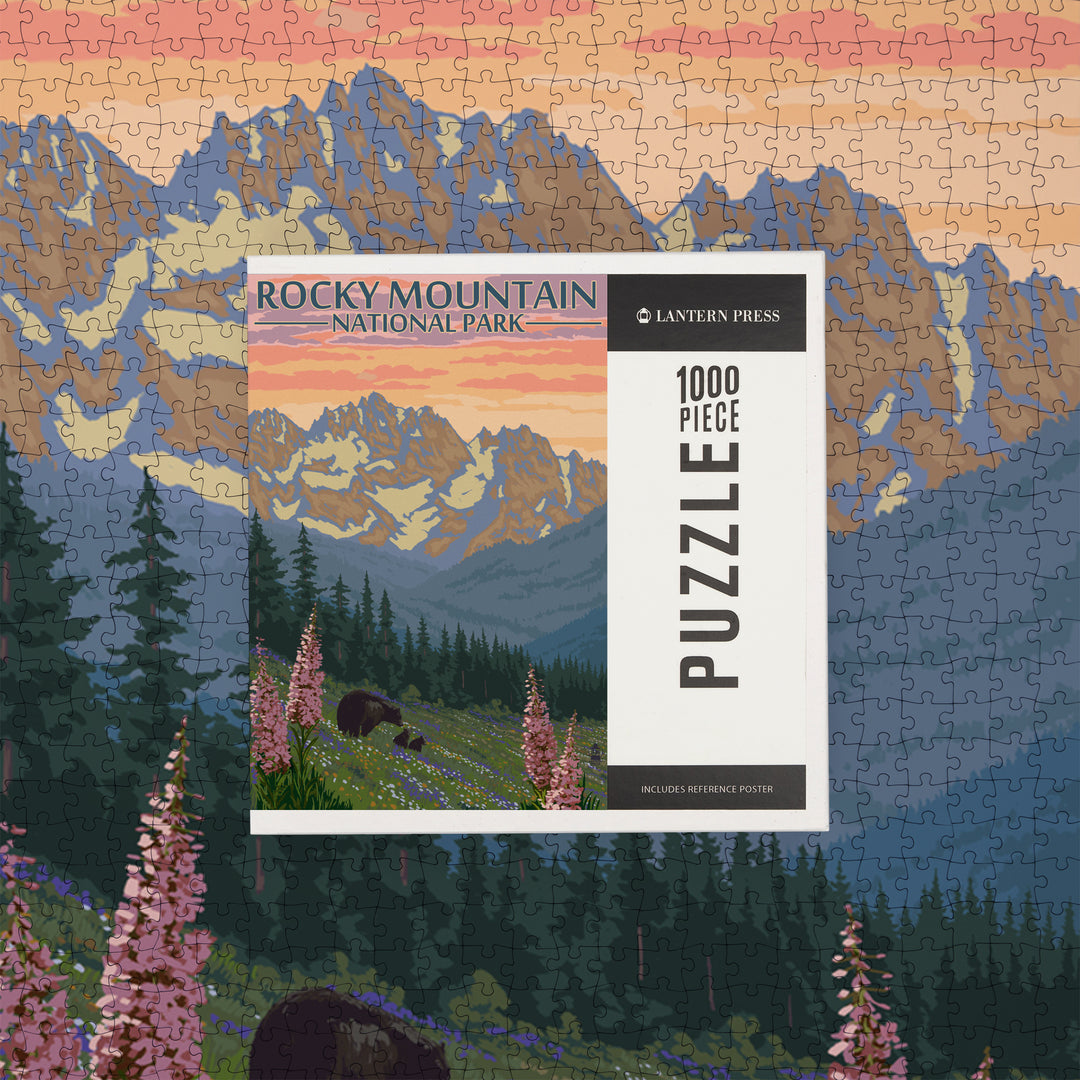 Rocky Mountain National Park, Colorado, Bear and Cubs with Flowers, Jigsaw Puzzle Puzzle Lantern Press 