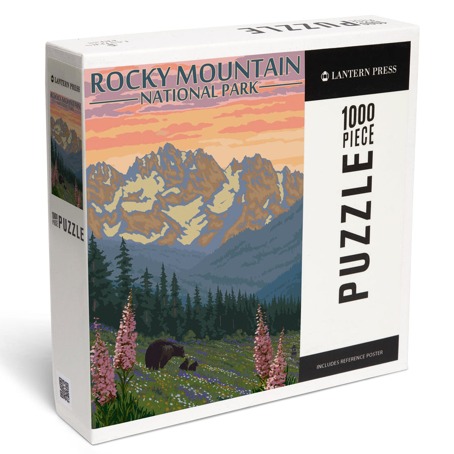 Rocky Mountain National Park, Colorado, Bear and Cubs with Flowers, Jigsaw Puzzle Puzzle Lantern Press 