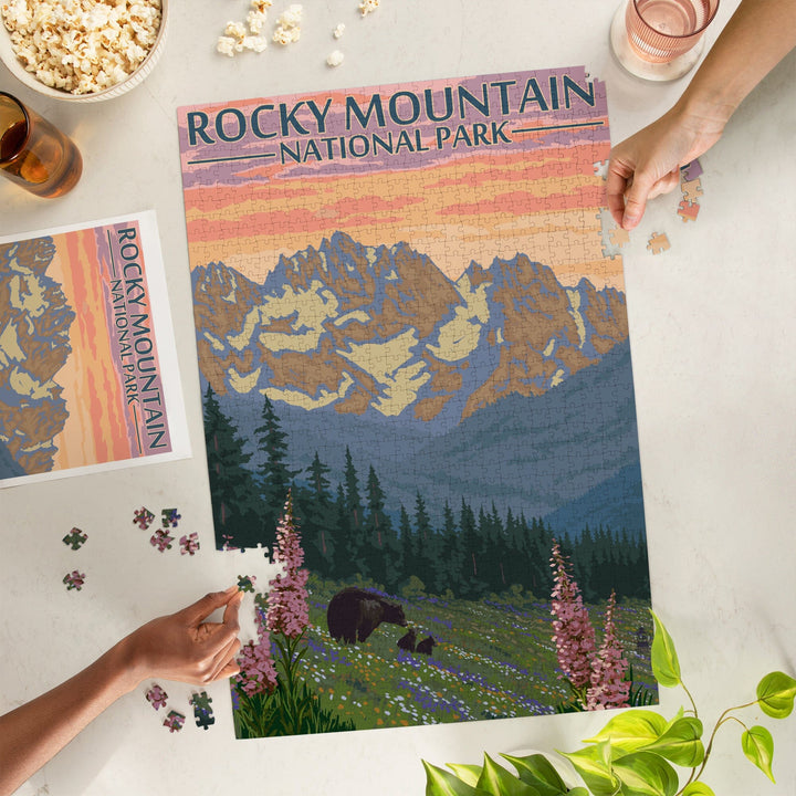 Rocky Mountain National Park, Colorado, Bear and Cubs with Flowers, Jigsaw Puzzle Puzzle Lantern Press 