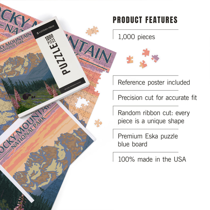 Rocky Mountain National Park, Colorado, Bear and Cubs with Flowers, Jigsaw Puzzle Puzzle Lantern Press 
