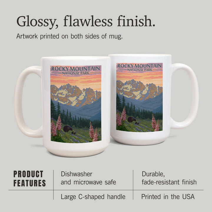 Rocky Mountain National Park, Colorado, Bear and Cubs with Flowers, Lantern Press Artwork, Ceramic Mug Mugs Lantern Press 
