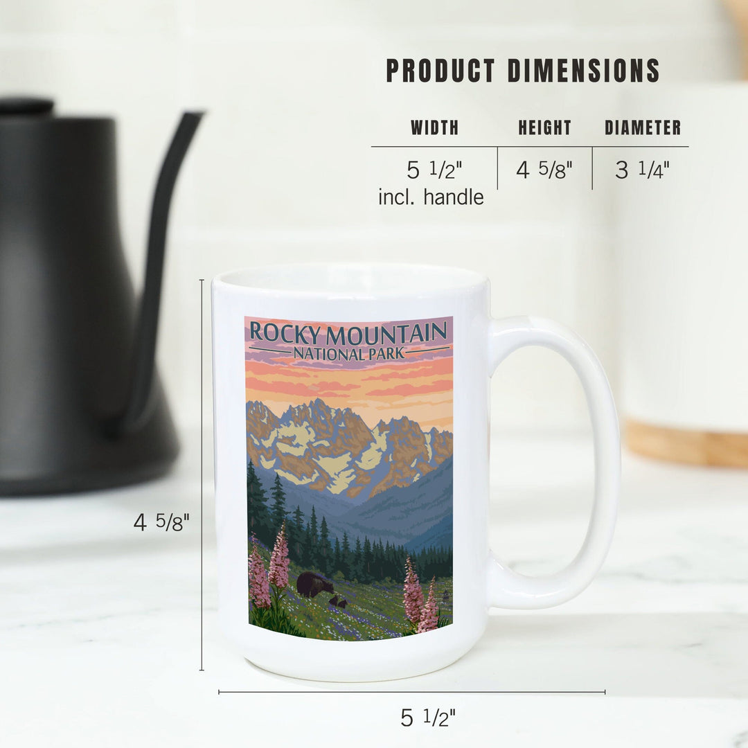 Rocky Mountain National Park, Colorado, Bear and Cubs with Flowers, Lantern Press Artwork, Ceramic Mug Mugs Lantern Press 