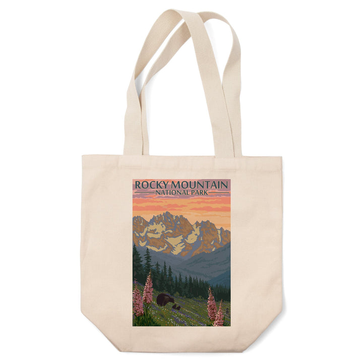 Rocky Mountain National Park, Colorado, Bear and Cubs with Flowers, Lantern Press Artwork, Tote Bag Totes Lantern Press 