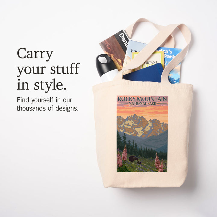 Rocky Mountain National Park, Colorado, Bear and Cubs with Flowers, Lantern Press Artwork, Tote Bag Totes Lantern Press 