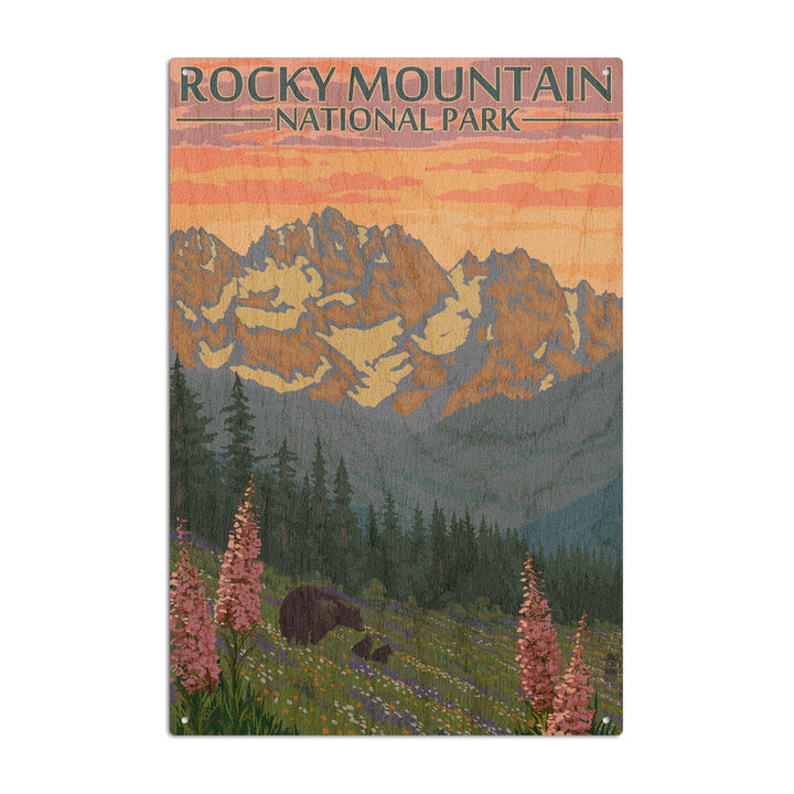 Rocky Mountain National Park, Colorado, Bear and Cubs with Flowers, Lantern Press Artwork, Wood Signs and Postcards Wood Lantern Press 10 x 15 Wood Sign 