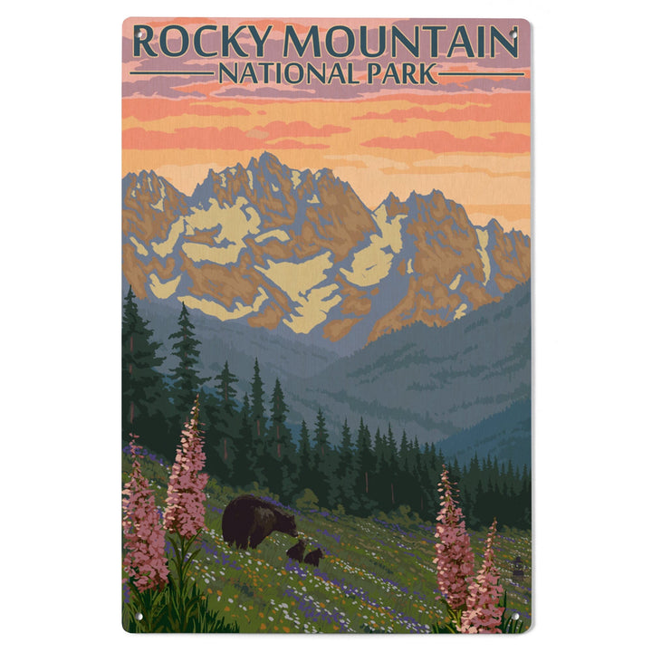 Rocky Mountain National Park, Colorado, Bear and Cubs with Flowers, Lantern Press Artwork, Wood Signs and Postcards Wood Lantern Press 