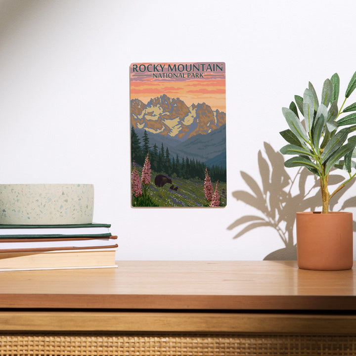 Rocky Mountain National Park, Colorado, Bear and Cubs with Flowers, Lantern Press Artwork, Wood Signs and Postcards Wood Lantern Press 