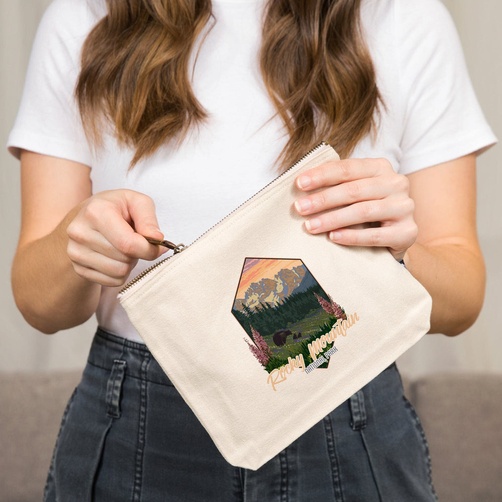 Rocky Mountain National Park, Colorado, Bear and Spring Flowers,, Organic Cotton Zipper Pouch, Go Bag Go Bag Lantern Press 