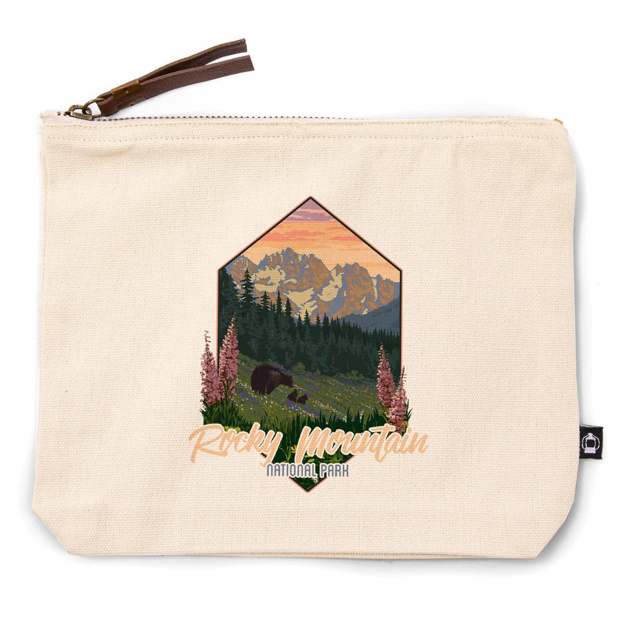 Rocky Mountain National Park, Colorado, Bear and Spring Flowers,, Organic Cotton Zipper Pouch, Go Bag Go Bag Lantern Press 
