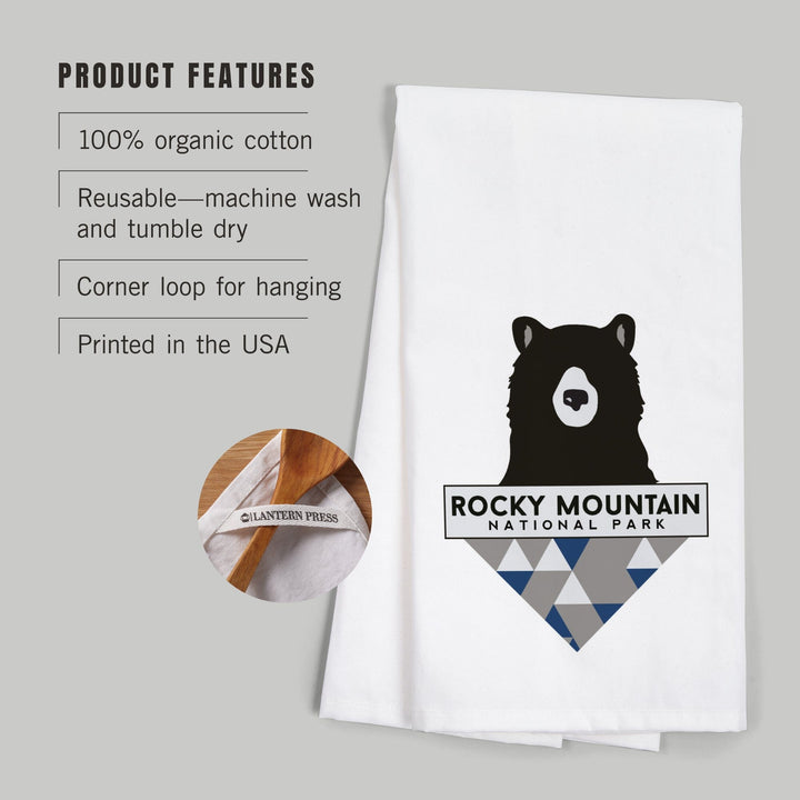 Rocky Mountain National Park, Colorado, Bear and Triangles, Blue, Contour, Organic Cotton Kitchen Tea Towels Kitchen Lantern Press 