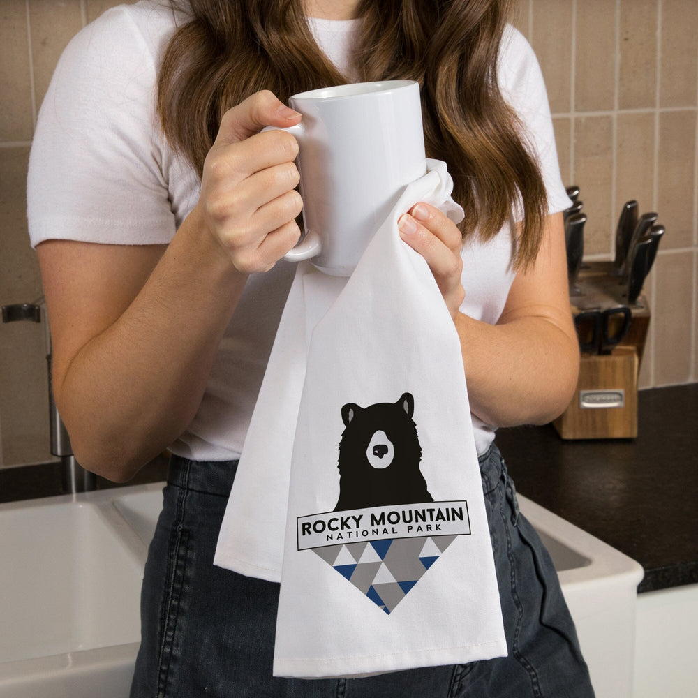 Rocky Mountain National Park, Colorado, Bear and Triangles, Blue, Contour, Organic Cotton Kitchen Tea Towels Kitchen Lantern Press 
