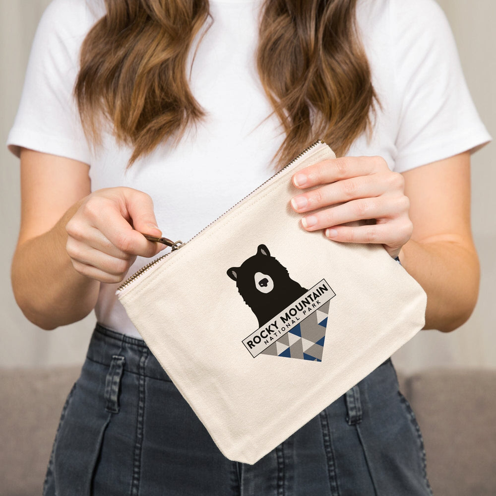Rocky Mountain National Park, Colorado, Bear and Triangles, Blue,, Organic Cotton Zipper Pouch, Go Bag Go Bag Lantern Press 