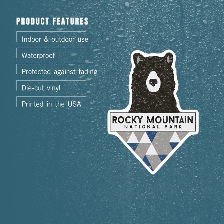 Rocky Mountain National Park, Colorado, Bear & Triangles, Blue, Contour, Lantern Press Artwork, Vinyl Sticker Sticker Lantern Press 
