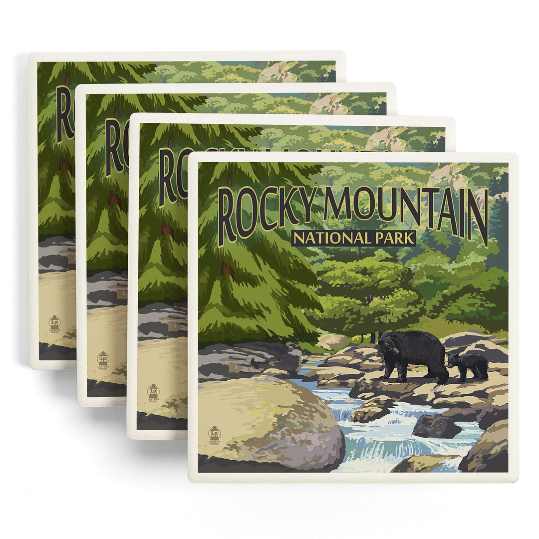 Rocky Mountain National Park, Colorado, Black Bears and Stream, Coasters Coasters Lantern Press 