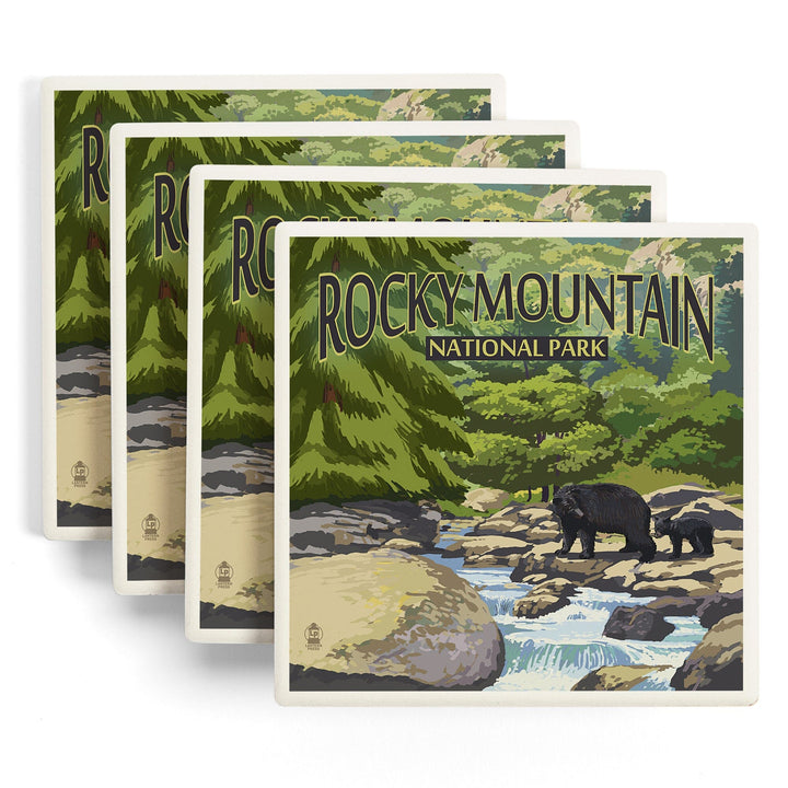 Rocky Mountain National Park, Colorado, Black Bears and Stream, Coasters Coasters Lantern Press 