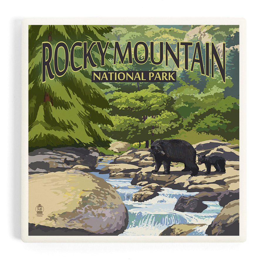 Rocky Mountain National Park, Colorado, Black Bears and Stream, Coasters Coasters Lantern Press 
