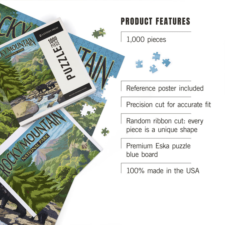 Rocky Mountain National Park, Colorado, Black Bears and Stream, Jigsaw Puzzle Puzzle Lantern Press 