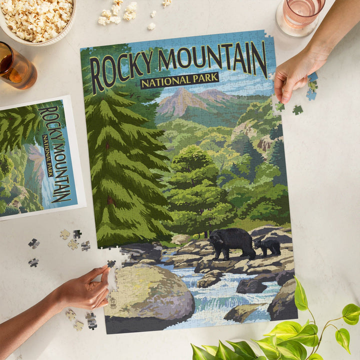 Rocky Mountain National Park, Colorado, Black Bears and Stream, Jigsaw Puzzle Puzzle Lantern Press 