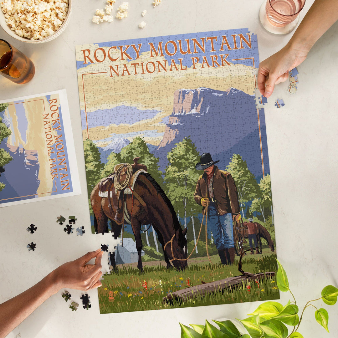 Rocky Mountain National Park, Colorado, Cowboy and Horse in Spring, Jigsaw Puzzle Puzzle Lantern Press 