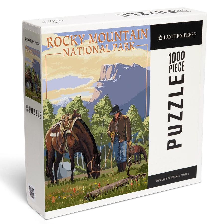 Rocky Mountain National Park, Colorado, Cowboy and Horse in Spring, Jigsaw Puzzle Puzzle Lantern Press 