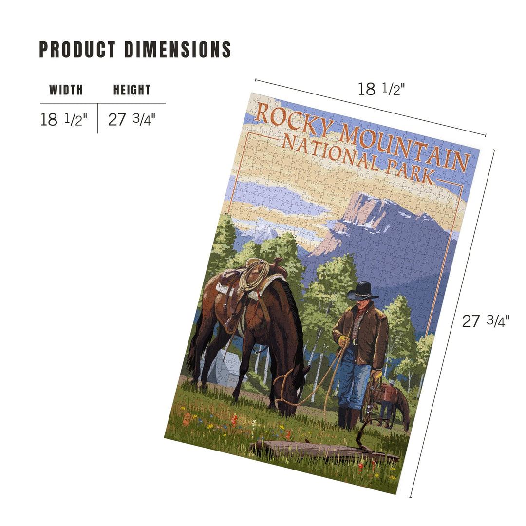 Rocky Mountain National Park, Colorado, Cowboy and Horse in Spring, Jigsaw Puzzle Puzzle Lantern Press 