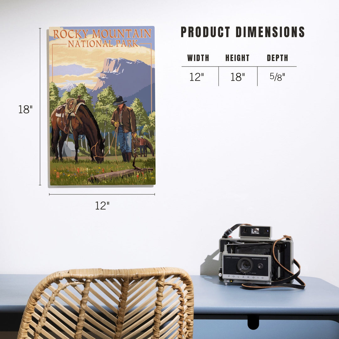 Rocky Mountain National Park, Colorado, Cowboy and Horse in Spring, Lantern Press Artwork, Wood Signs and Postcards Wood Lantern Press 