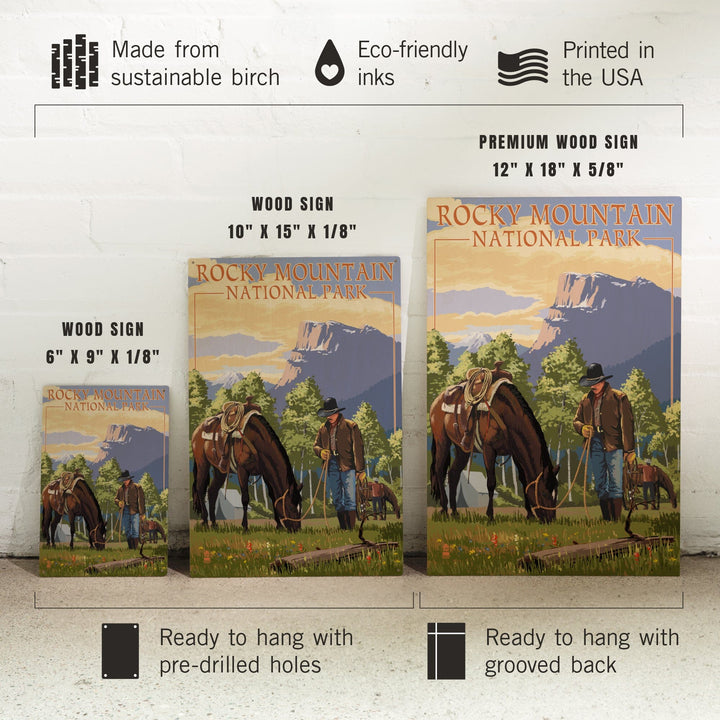 Rocky Mountain National Park, Colorado, Cowboy and Horse in Spring, Lantern Press Artwork, Wood Signs and Postcards Wood Lantern Press 