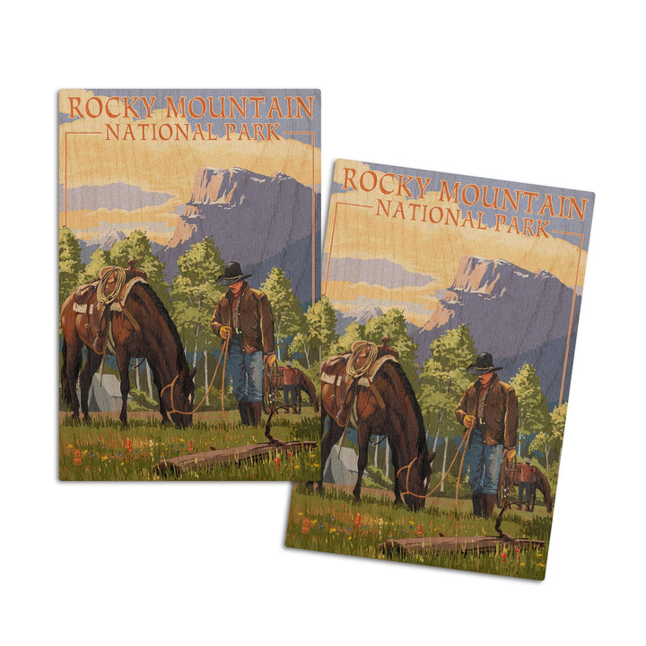 Rocky Mountain National Park, Colorado, Cowboy and Horse in Spring, Lantern Press Artwork, Wood Signs and Postcards Wood Lantern Press 4x6 Wood Postcard Set 