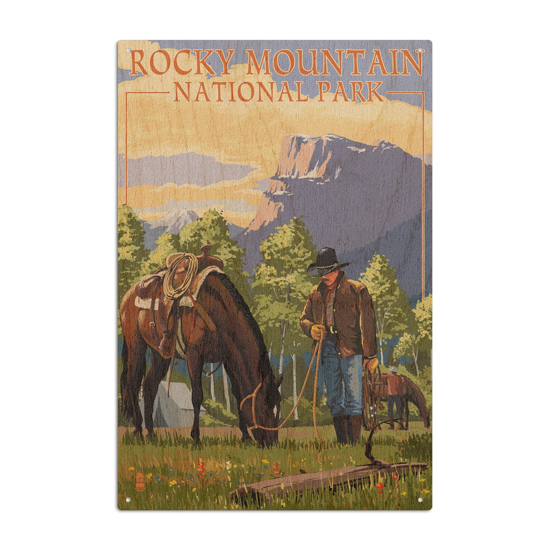 Rocky Mountain National Park, Colorado, Cowboy and Horse in Spring, Lantern Press Artwork, Wood Signs and Postcards Wood Lantern Press 6x9 Wood Sign 