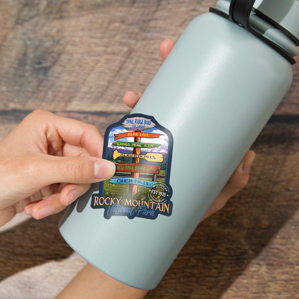 Rocky Mountain National Park, Colorado, Destination Signpost, Contour, Lantern Press Artwork, Vinyl Sticker Sticker Lantern Press 