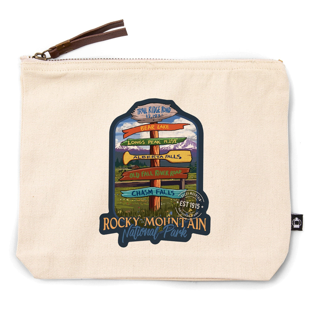 Rocky Mountain National Park, Colorado, Destination Signpost,, Organic Cotton Zipper Pouch, Go Bag Go Bag Lantern Press 