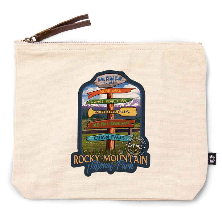 Rocky Mountain National Park, Colorado, Destination Signpost,, Organic Cotton Zipper Pouch, Go Bag Go Bag Lantern Press 