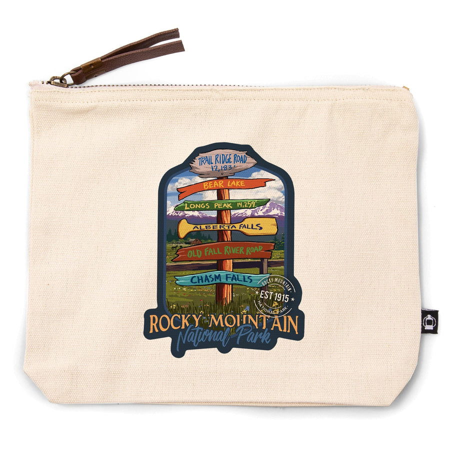 Rocky Mountain National Park, Colorado, Destination Signpost,, Organic Cotton Zipper Pouch, Go Bag Go Bag Lantern Press 