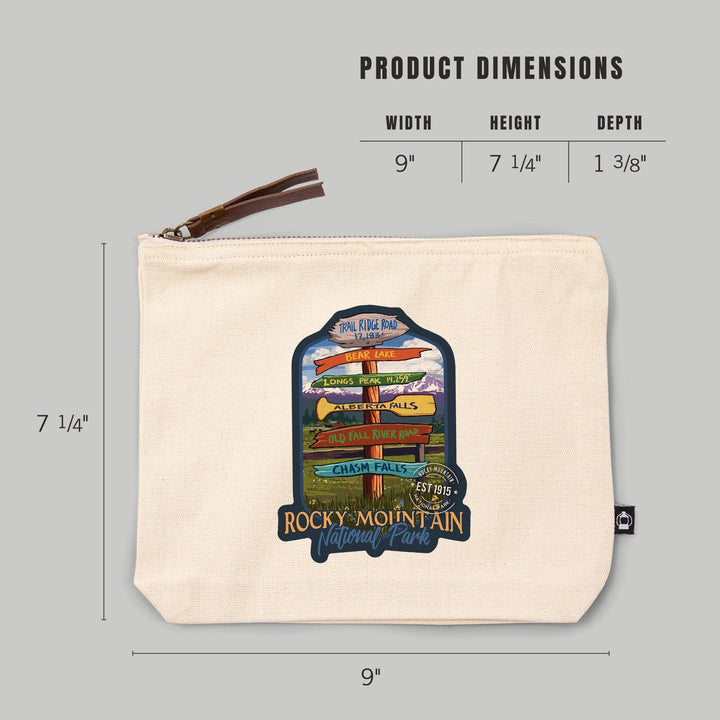 Rocky Mountain National Park, Colorado, Destination Signpost,, Organic Cotton Zipper Pouch, Go Bag Go Bag Lantern Press 