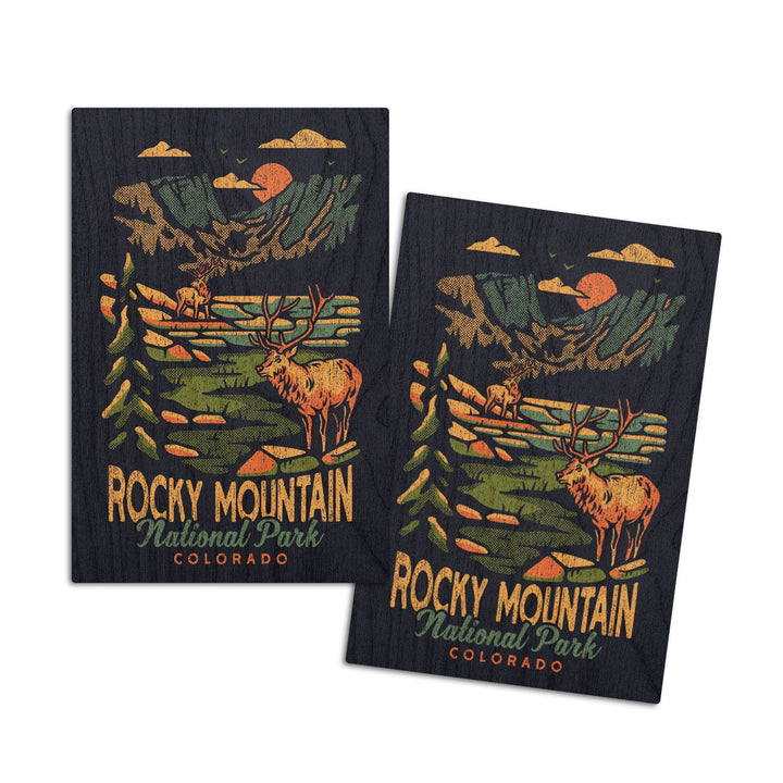 Rocky Mountain National Park, Colorado, Distressed Vector, Lantern Press Artwork, Wood Signs and Postcards Wood Lantern Press 4x6 Wood Postcard Set 
