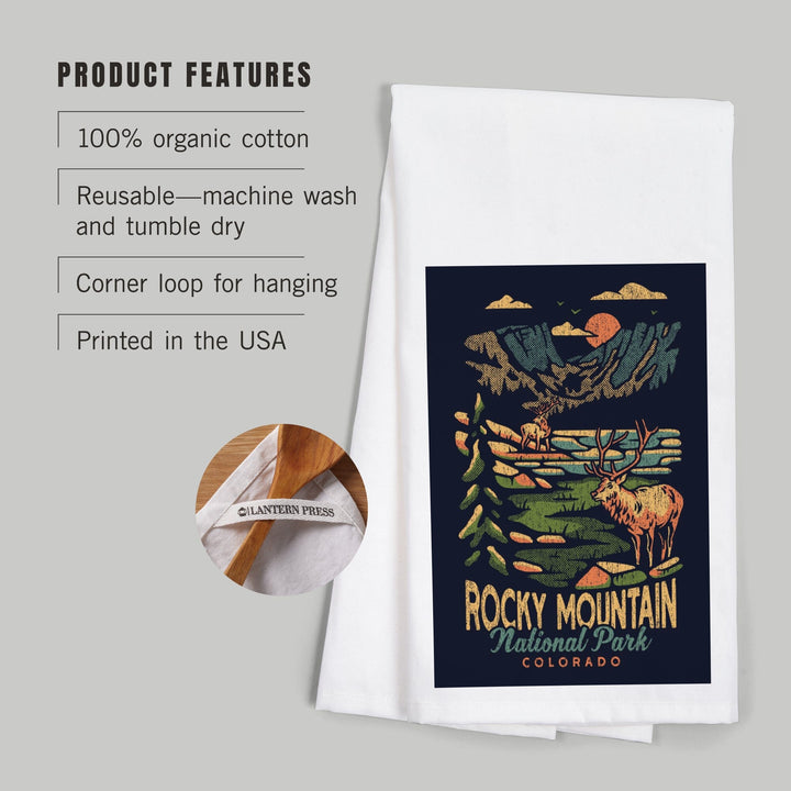 Rocky Mountain National Park, Colorado, Distressed Vector, Organic Cotton Kitchen Tea Towels Kitchen Lantern Press 