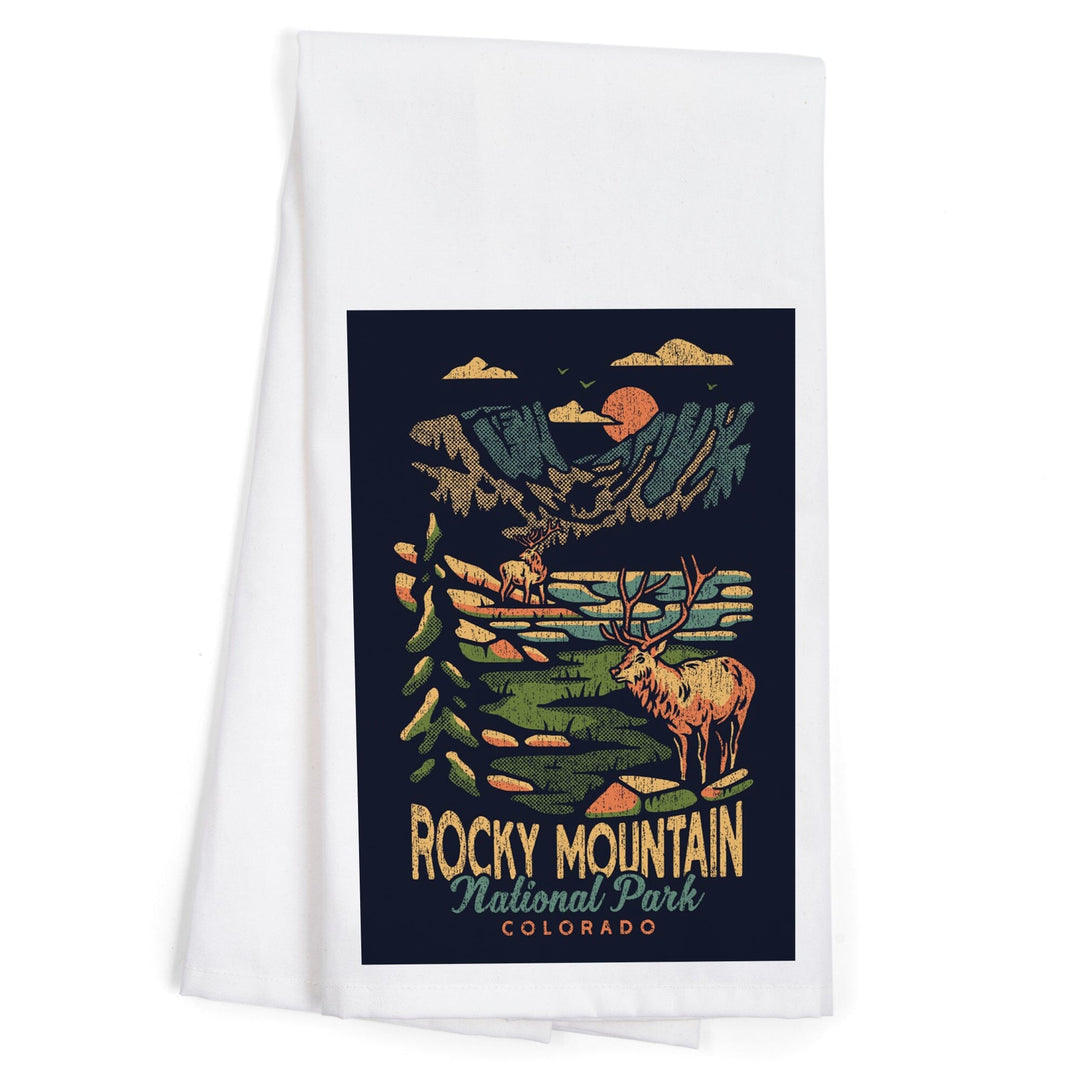 Rocky Mountain National Park, Colorado, Distressed Vector, Organic Cotton Kitchen Tea Towels Kitchen Lantern Press 