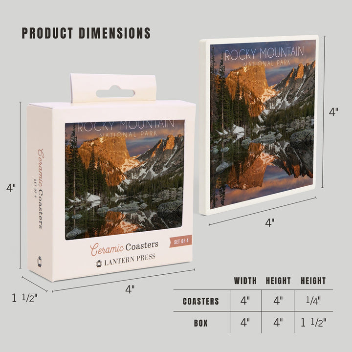 Rocky Mountain National Park, Colorado, Dream Lake Sunset, Lantern Press Photography, Coaster Set Coasters Lantern Press 