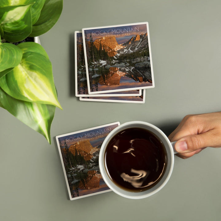 Rocky Mountain National Park, Colorado, Dream Lake Sunset, Lantern Press Photography, Coaster Set Coasters Lantern Press 