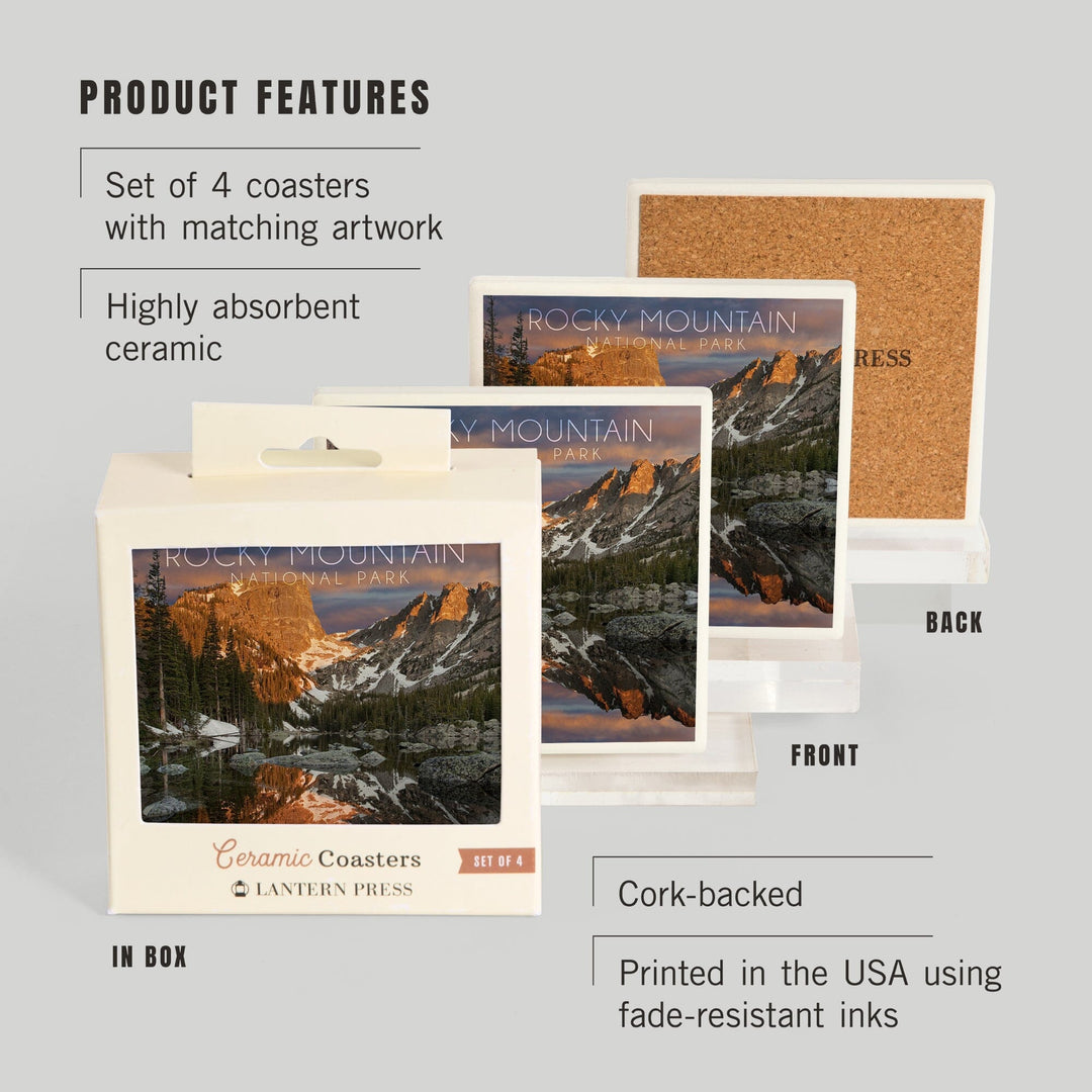 Rocky Mountain National Park, Colorado, Dream Lake Sunset, Lantern Press Photography, Coaster Set Coasters Lantern Press 