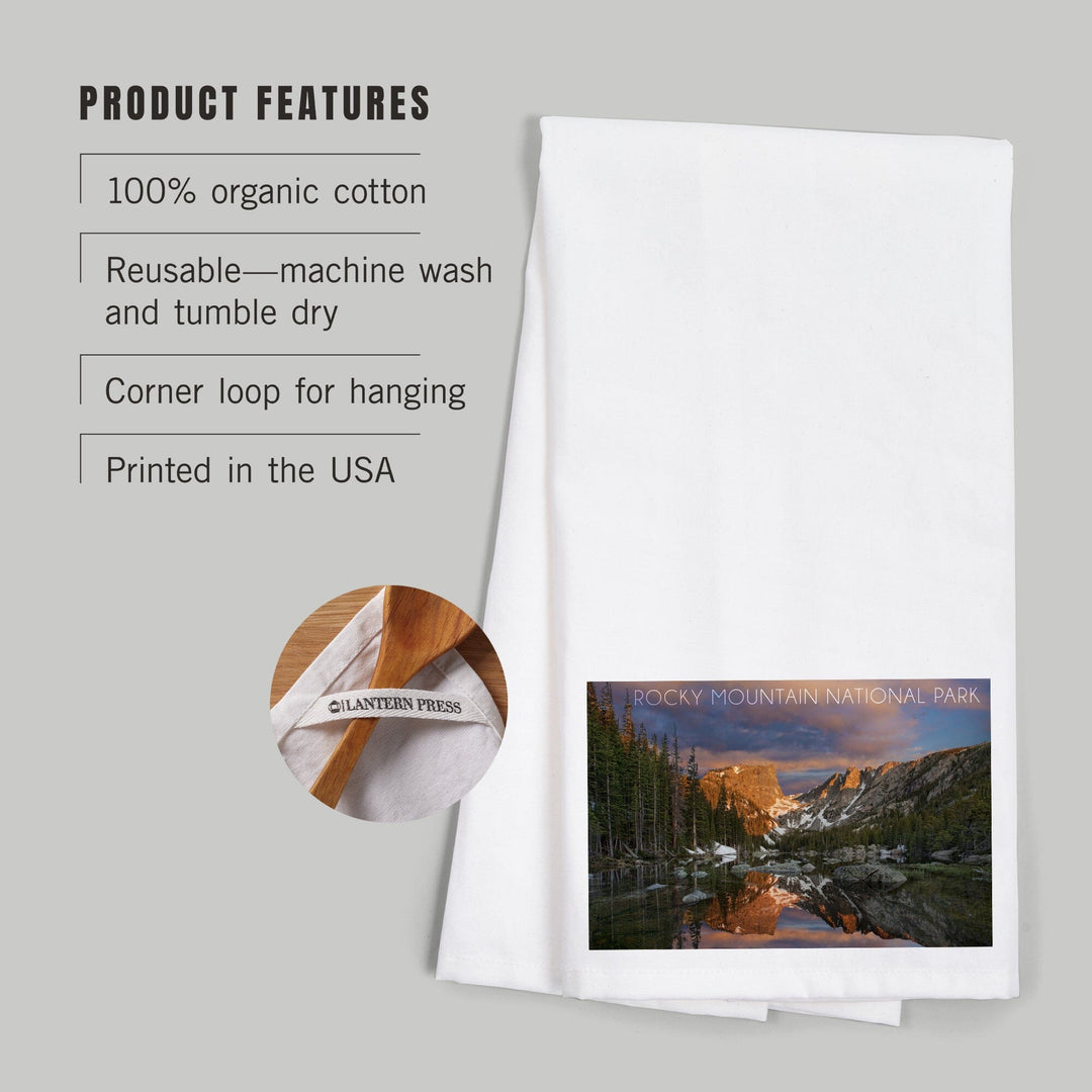 Rocky Mountain National Park, Colorado, Dream Lake Sunset, Organic Cotton Kitchen Tea Towels Kitchen Lantern Press 
