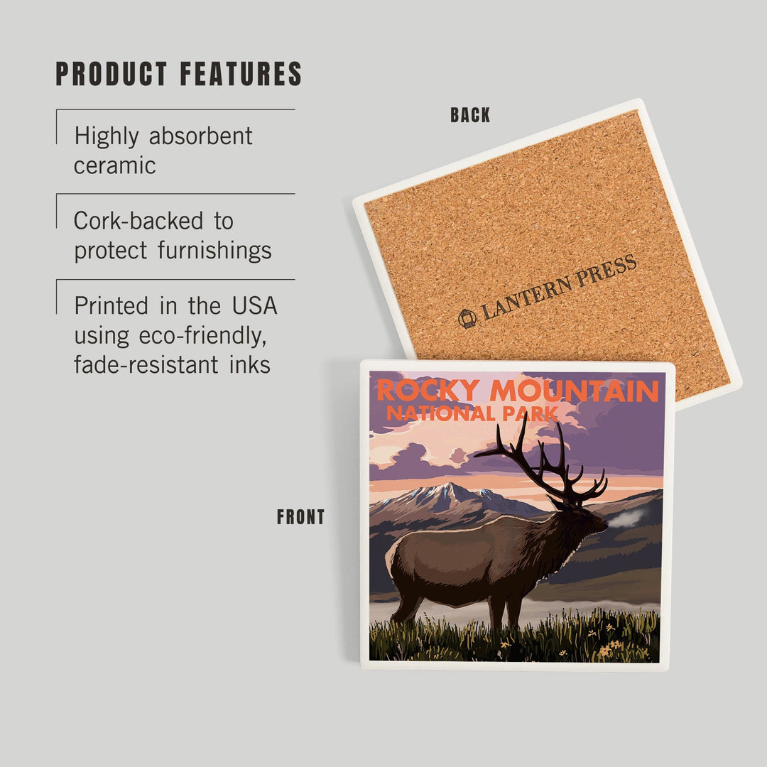 Rocky Mountain National Park, Colorado, Elk and Sunset, Coasters Coasters Lantern Press 