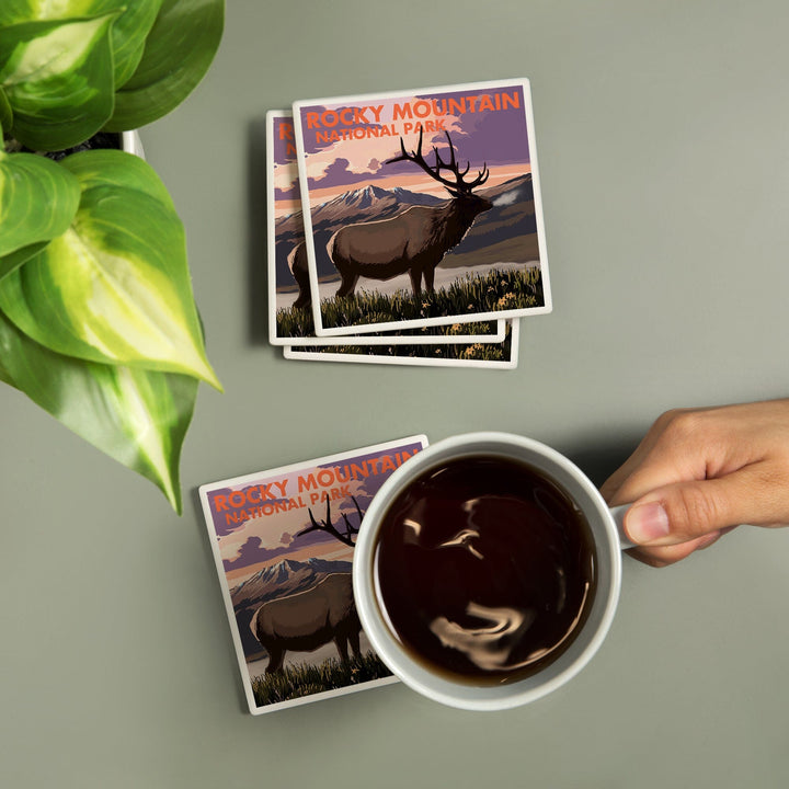 Rocky Mountain National Park, Colorado, Elk and Sunset, Coasters Coasters Lantern Press 