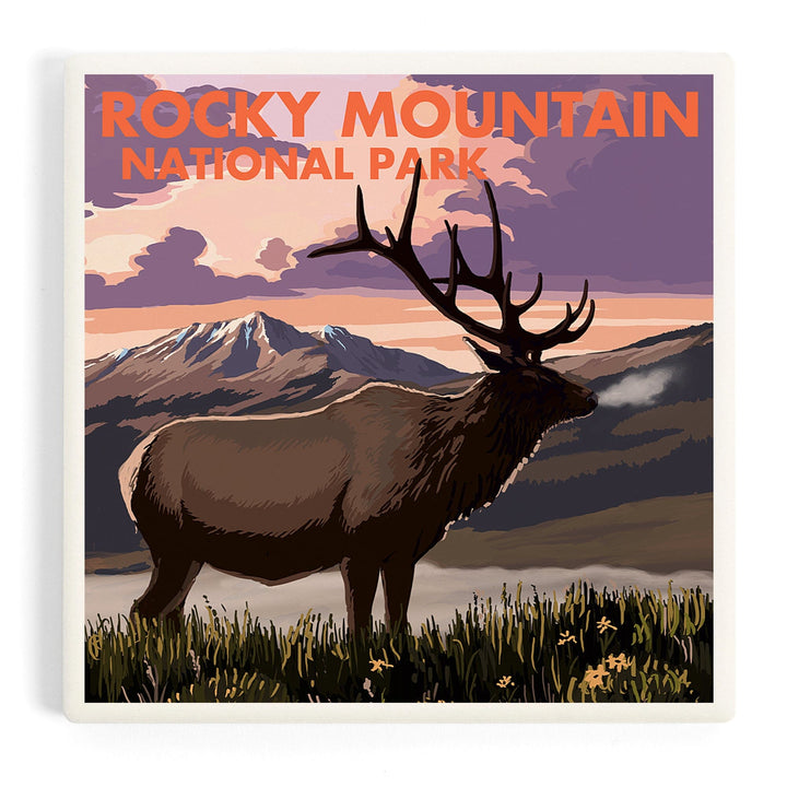 Rocky Mountain National Park, Colorado, Elk and Sunset, Coasters Coasters Lantern Press 