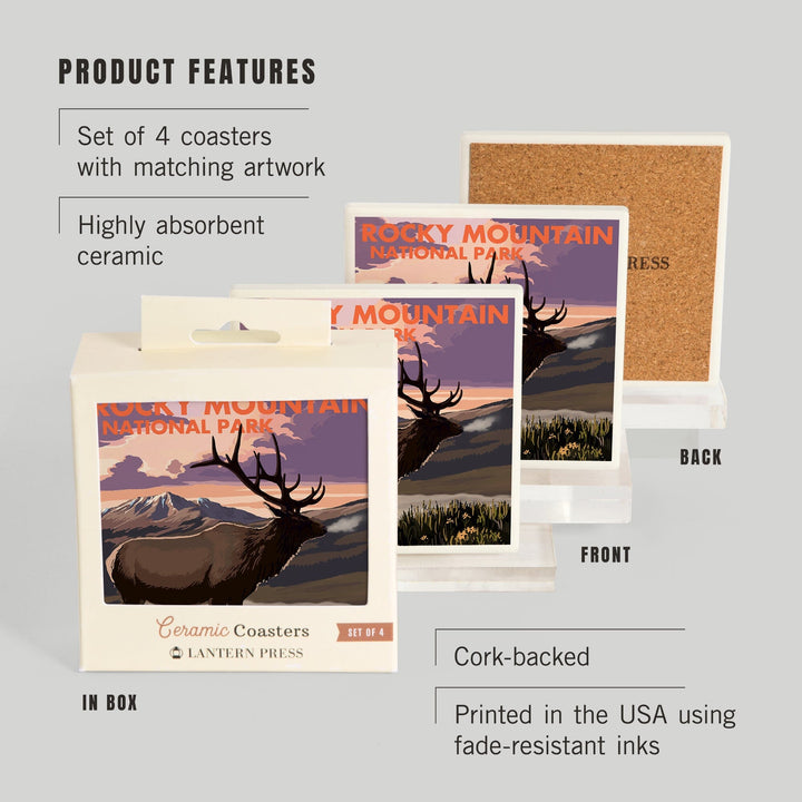 Rocky Mountain National Park, Colorado, Elk and Sunset, Coasters Coasters Lantern Press 