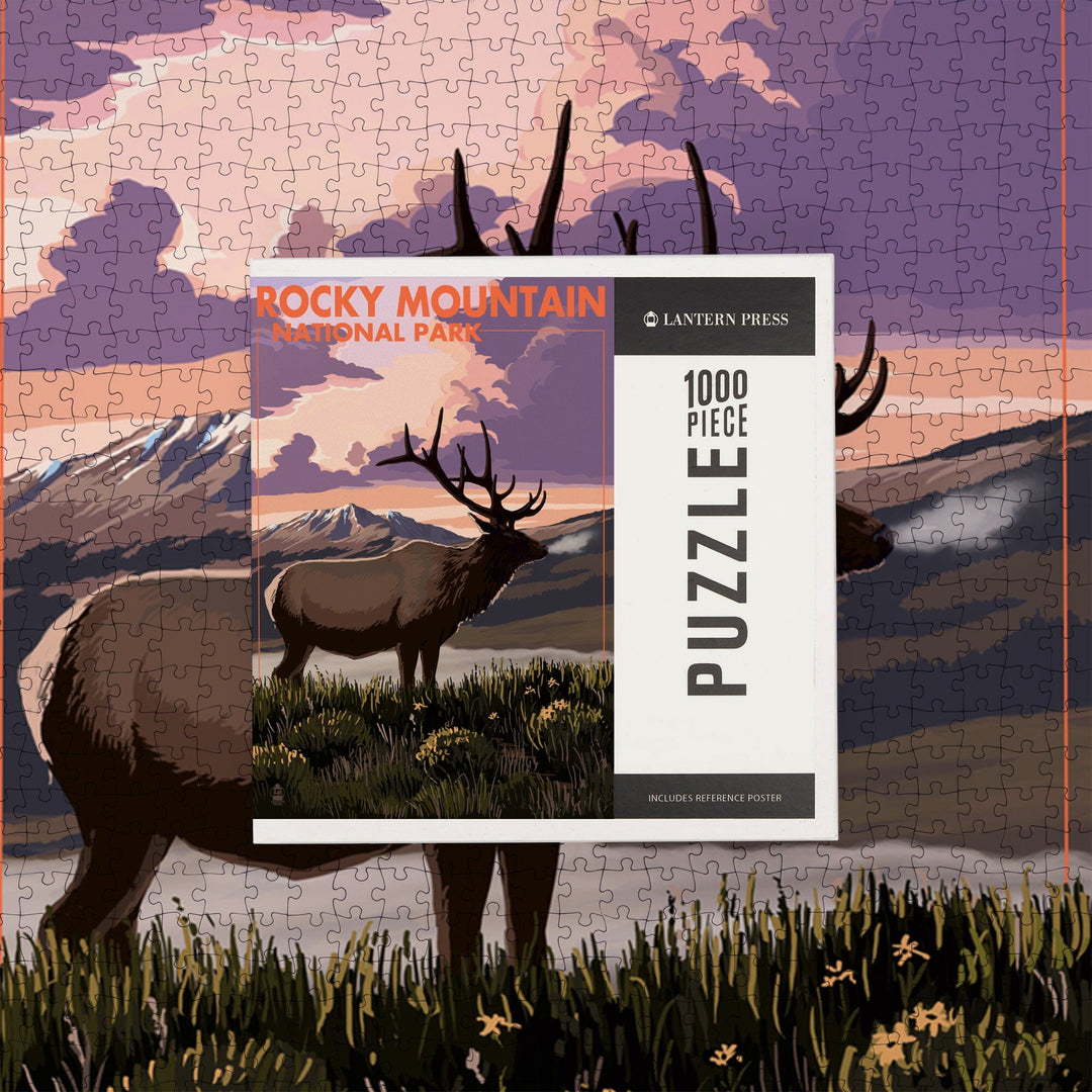Rocky Mountain National Park, Colorado, Elk and Sunset, Jigsaw Puzzle Puzzle Lantern Press 