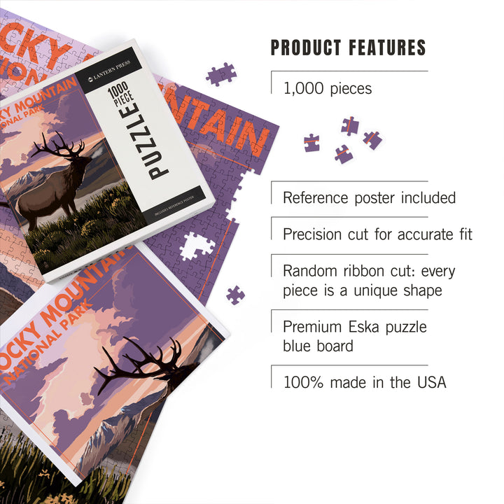 Rocky Mountain National Park, Colorado, Elk and Sunset, Jigsaw Puzzle Puzzle Lantern Press 